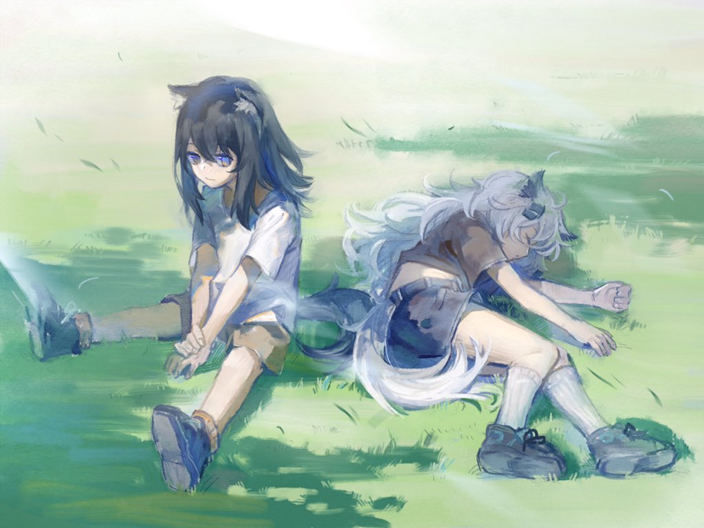 2girls, animal_ears, arknights, black_footwear, black_hair, black_shirt, black_shorts, brown_eyes, brown_shorts, closed_eyes, grass, hair_ornament, hairclip, lappland_(arknights), liangban_xiexu, long_hair, looking_at_viewer, lying, multiple_girls, outdoors, shirt, shoes, shorts, sitting, sleeping, socks, t-shirt, tail, texas_(arknights), white_hair, white_legwear, white_shirt, wolf_ears, wolf_girl, wolf_tail, aged_down