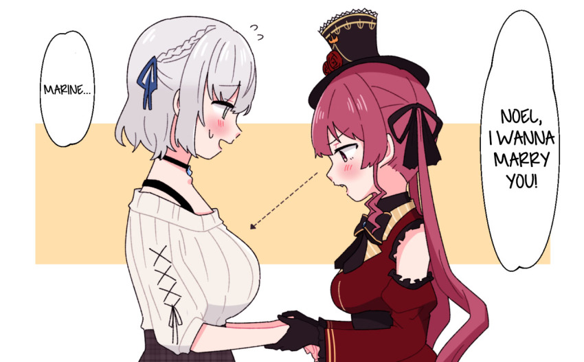 2girls, arrow_(symbol), black_headwear, blush, breasts, detached_sleeves, dotted_line, english_text