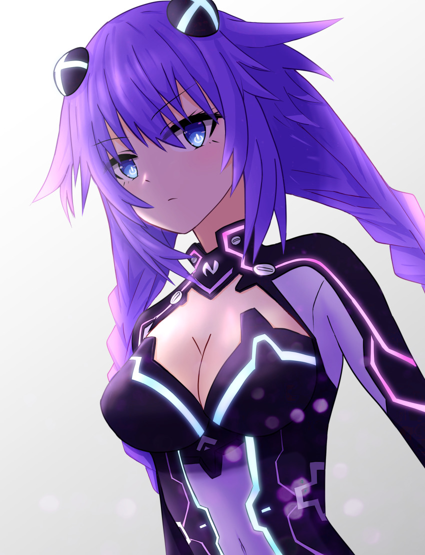 absurdres, blue_eyes, bodysuit, cleavage_cutout, braid, breasts, cleavage, falferitz, frown, highres, long_hair, medium_breasts, neptune_(neptunia), neptune_(series), purple_hair, purple_heart_(neptunia)