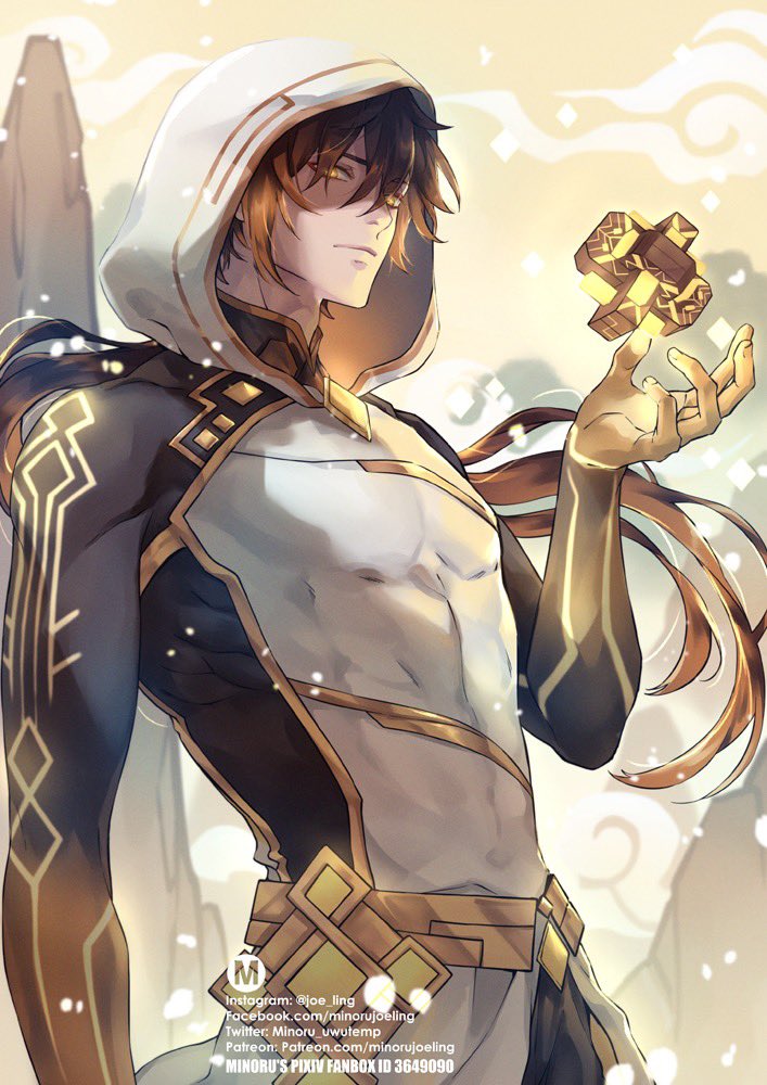 1boy, alternate_costume, arm_tattoo, bare_shoulders, brown_hair, closed_mouth, cloud, commentary