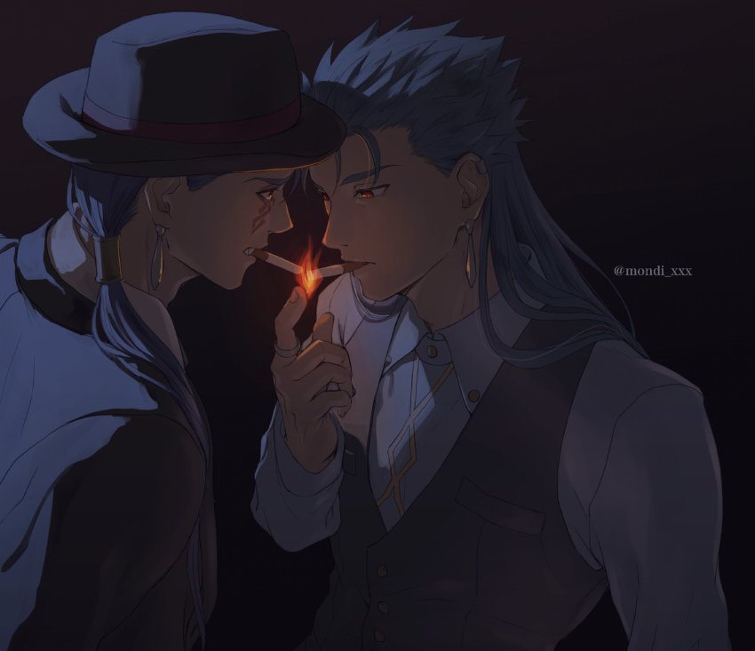2boys, angry, beads, blue_hair, cigarette, cigarette_kiss, collared_shirt, cu_chulainn_(caster)_(fate)