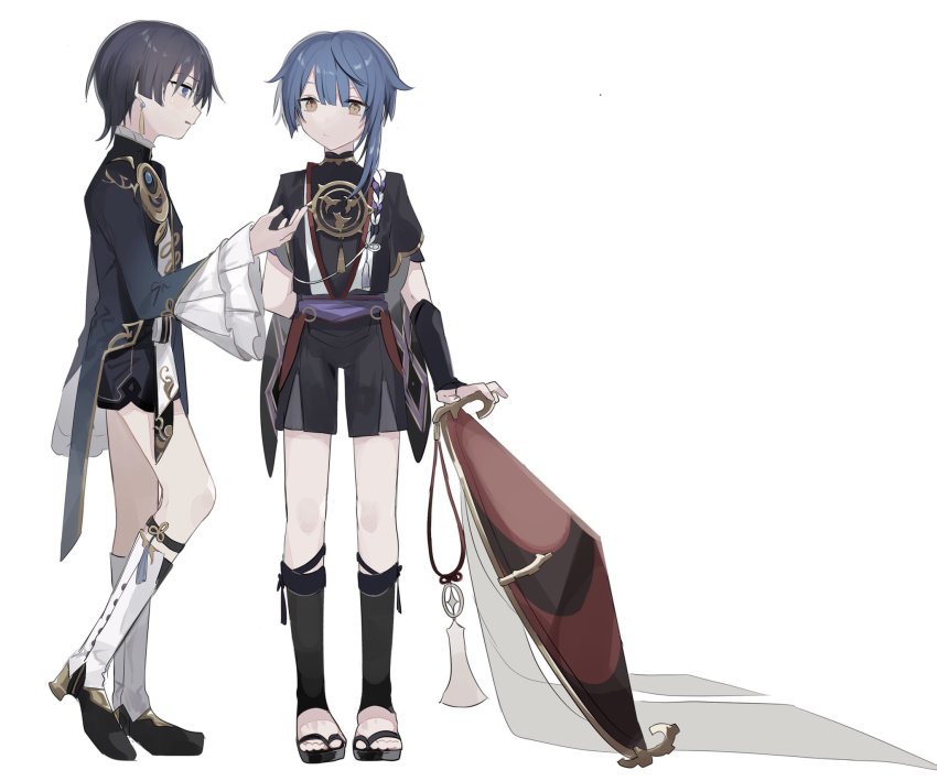 2boys, armor, bad_id, bad_twitter_id, black_gloves, black_hair, black_shorts, blue_eyes