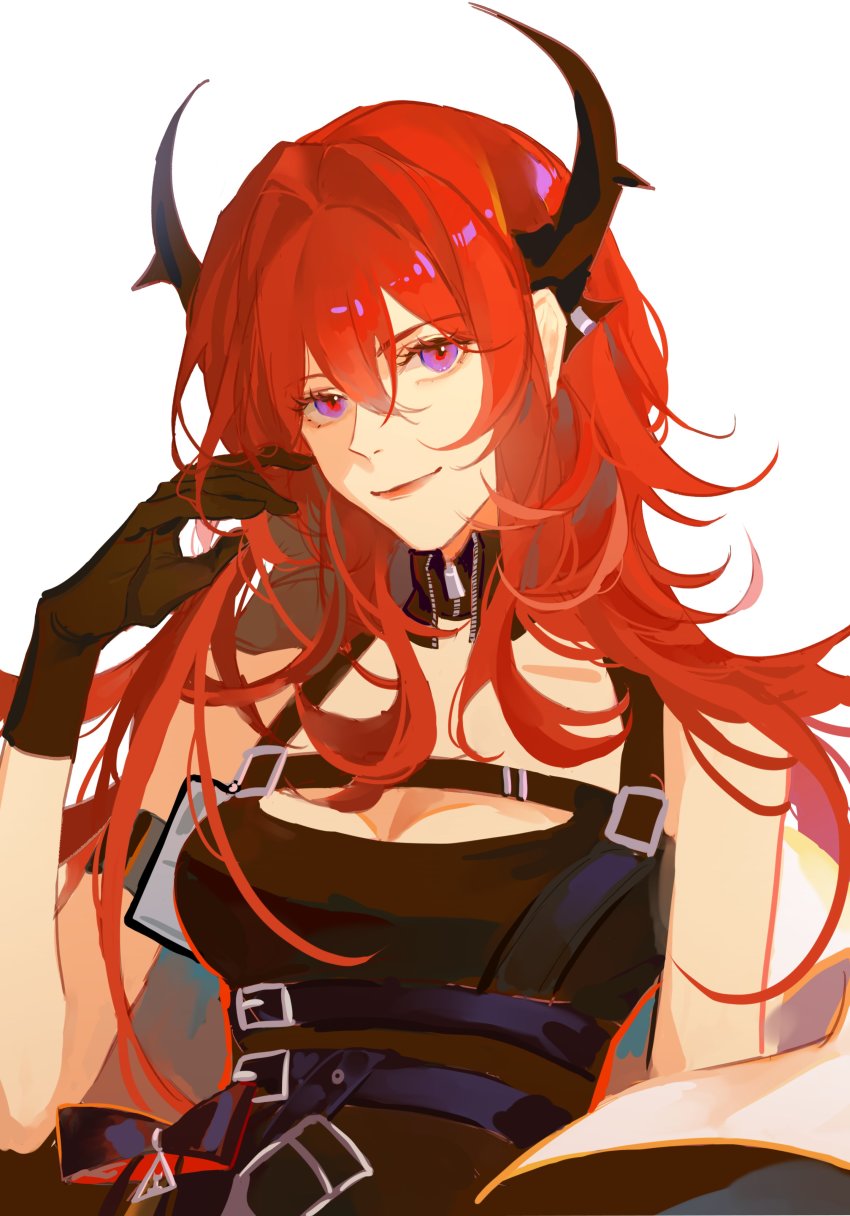 1girl, absurdres, arknights, bare_shoulders, black_gloves, chest_belt, demon_girl, demon_horns, dress, gloves, hannhi_1005, highres, horns, jacket, long_hair, looking_at_viewer, off_shoulder, purple_hair, slit_pupils, smile, solo, surtr_(arknights)