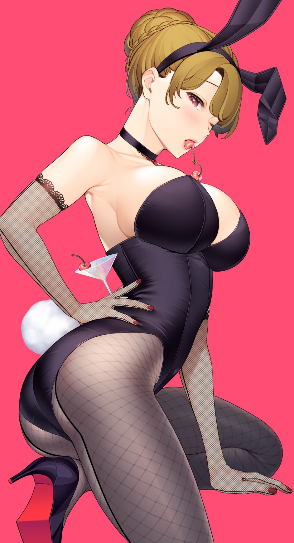 1girl, animal_ears, armpits, black_shoes, braid, braided_bun, breasts, brown_hair, cherry, choker, cocktail_glass, cup, drinking_glass, elbow_gloves, fake_animal_ears, fishnet_gloves, fishnet_pantyhose, fishnets, food, food_in_mouth, fruit, giuniu, gloves, hair_bun, hand_on_own_hip, high_heels, highres, katsuragi_ayako, lace, lace_trim, large_breasts, light_brown_hair, mature_female, mouth_hold, musume_janakute_mama_ga_suki_nano!?, nail_polish, official_art, on_one_knee, one_eye_closed, open_mouth, pantyhose, playboy_bunny, purple_eyes, rabbit_ears, rabbit_tail, red_background, red_nails, second-party_source, shoes, sideboob, simple_background, single_hair_bun, tail