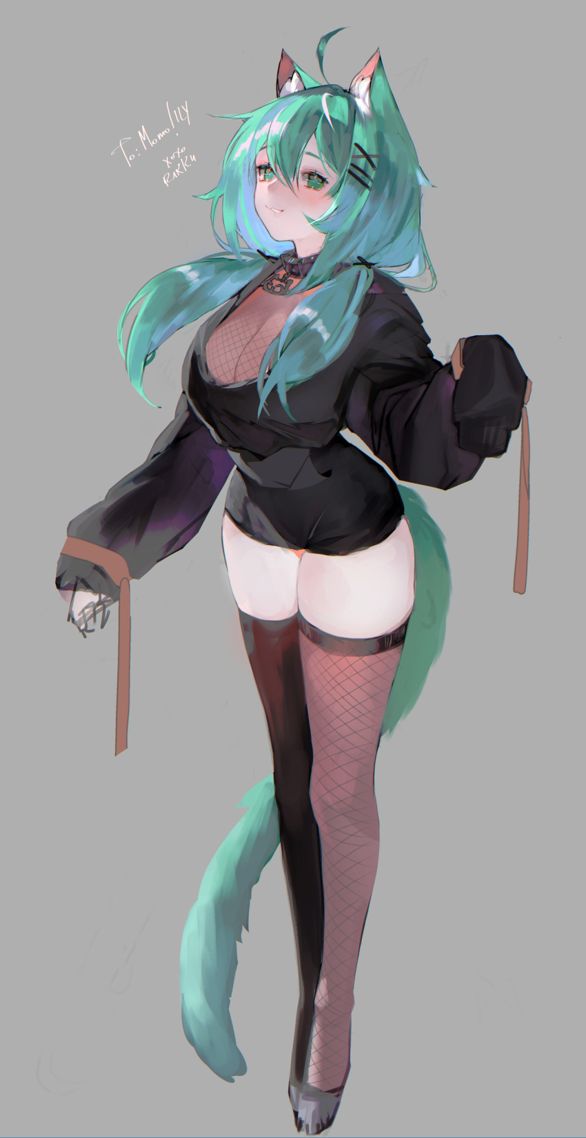 1girl, absurdres, ahoge, animal_ears, black_collar, black_footwear, black_sweater, blush, breasts, cat_ears, cat_girl, cleavage, collar, dyarikku, fishnets, full_body, grey_background, hair_ornament, hairclip, head_tilt, highres, indie_virtual_youtuber, large_breasts, long_sleeves, looking_at_viewer, momo_(vtuber), momo_mischief, parted_lips, sleeves_past_fingers, sleeves_past_wrists, smile, solo, sweater, thighhighs, twintails, virtual_youtuber