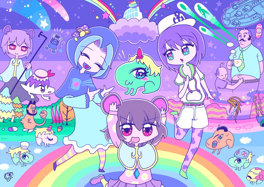 5boys, 6+girls, :3, acorn, alice_margatroid, alternate_costume, anchor_symbol, animal_ears