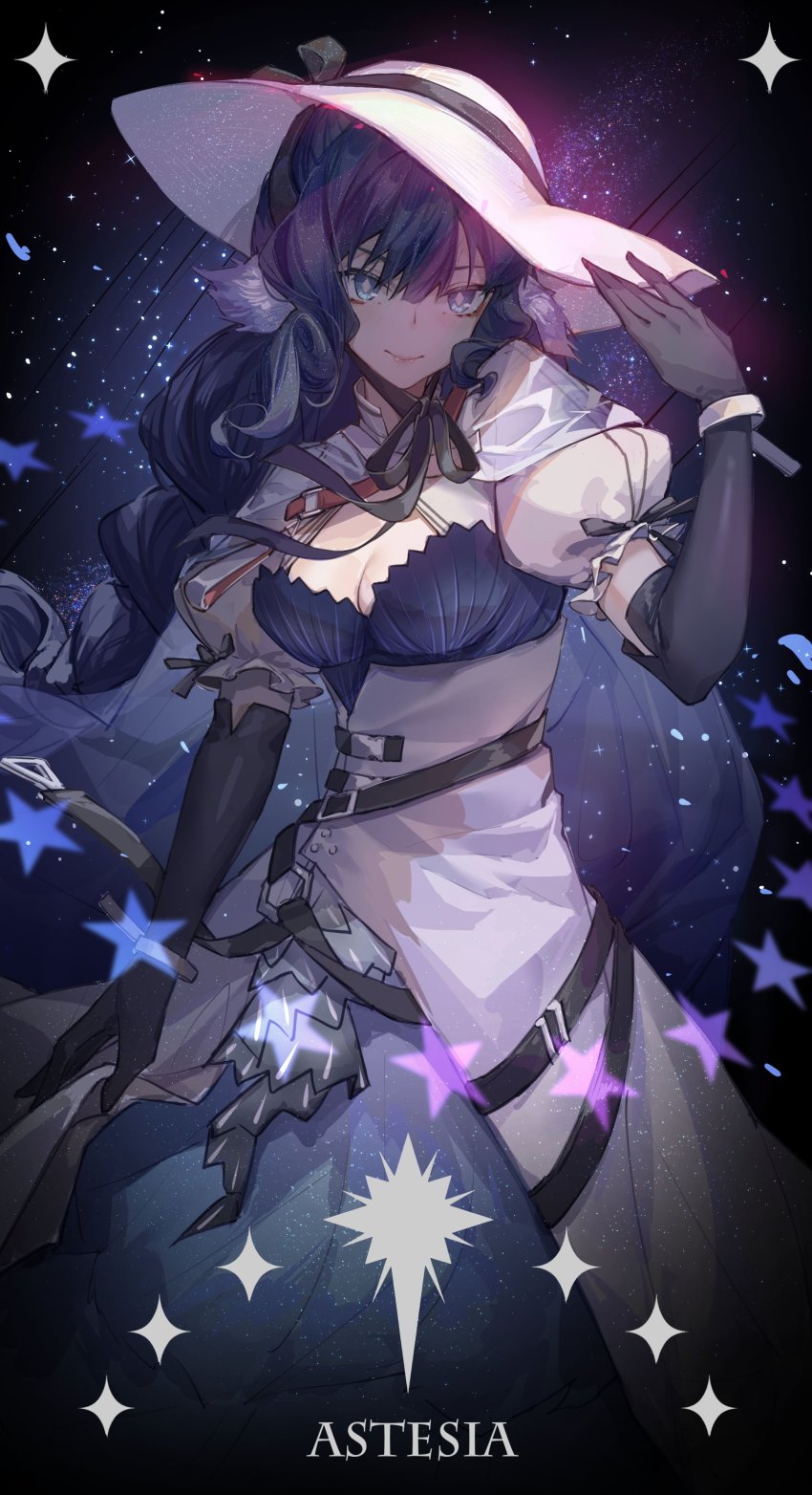 1girl, absurdres, arknights, armillary_sphere, astesia_(arknights), astesia_(starseeker)_(arknights), belt, black_gloves, blue_eyes, blue_hair, breasts, character_name, chinese_commentary, cleavage, diamond_(shape), dress, elbow_gloves, gloves, hair_between_eyes, hand_on_headwear, hat, highres, kotatsu_kaya, long_hair, multiple_belts, official_alternate_costume, puffy_short_sleeves, puffy_sleeves, short_sleeves, smile, solo, star_(symbol), symbol-shaped_pupils, white_hat
