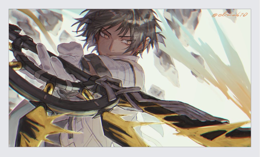 1boy, arknights, black_hair, dark_skin, debris, earrings, elmar, gloves