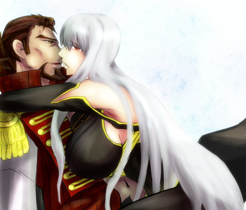 00s, beard, brown_eyes, brown_hair, facial_hair, kiss, long_hair, makoto_(bk69and7)