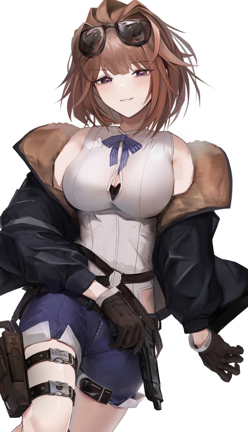 1girl, bad_id, bad_twitter_id, black_bra, black_jacket, blue_neckwear, bra, bra_peek