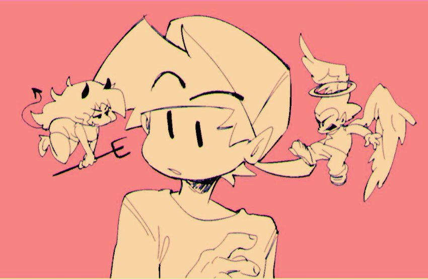 1girl, 2boys, angel_and_devil, angel_wings, backwards_hat, bad_id, bad_twitter_id, baseball_cap