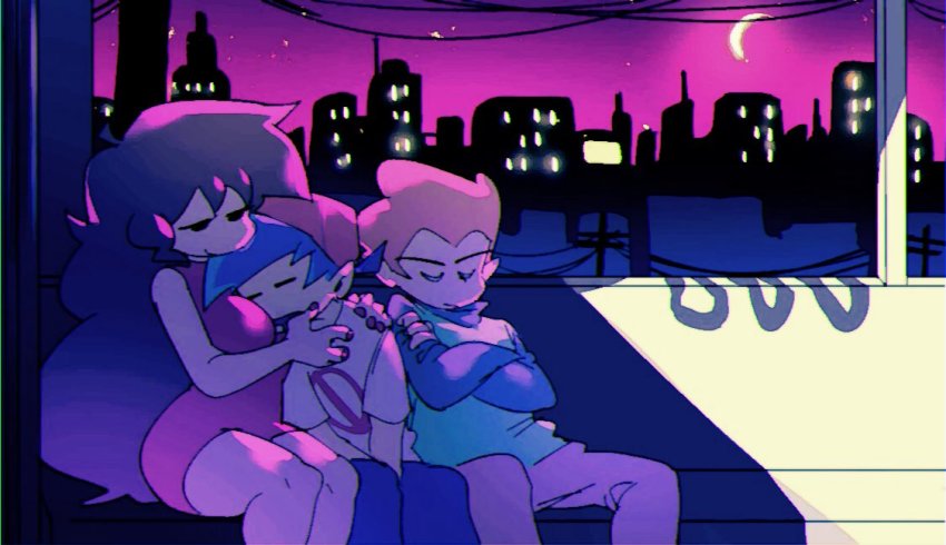 1girl, 2boys, bad_id, bad_twitter_id, bare_arms, bare_legs, bare_shoulders, baseball_cap, between_breasts, blue_hair, boyfriend_(friday_night_funkin'), breasts, brown_hair, closed_eyes, crescent_moon, crossed_arms, dress, feet_out_of_frame, friday_night_funkin', girlfriend_(friday_night_funkin'), green_shirt, half-closed_eyes, hat, legs_together, long_hair, looking_at_another, moon, multiple_boys, night, no_symbol, octo_2405, orange_hair, pico_(newgrounds), pico_(newgrounds_series), power_lines, red_dress, red_headwear, shirt, short_dress, sitting, sky, skyline, sleeping, sleeping_on_person, smile, spiked_hair, t-shirt, train_interior, wavy_hair