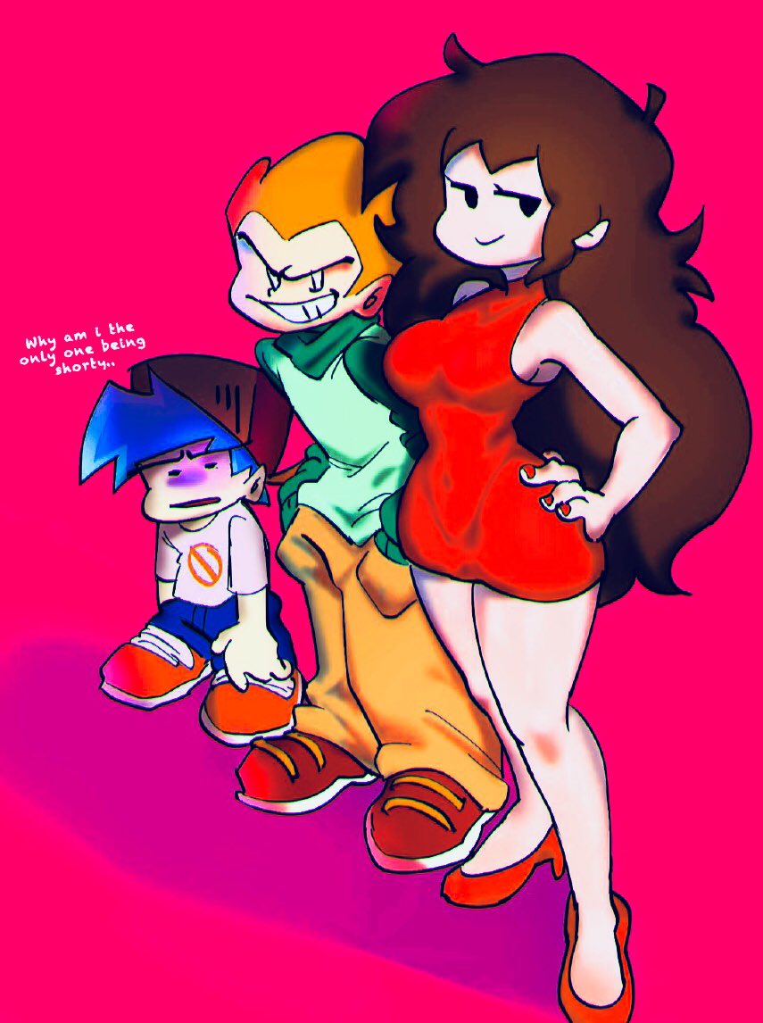 1girl, 2boys, backwards_hat, bad_id, bad_twitter_id, baseball_cap, blue_hair, boyfriend_(friday_night_funkin')