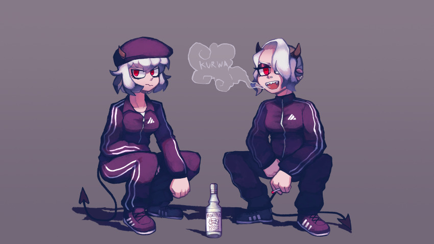 2girls, absurdres, black_footwear, black_headwear, black_horns, black_jacket, black_pants, bottle, cigarette, demon_girl, demon_tail, gopnik, grey_background, hair_over_one_eye, hat, helltaker, highres, horns, huge_filesize, jacket, kekekekekekekk, looking_at_viewer, malina_(helltaker), multiple_girls, open_mouth, pants, profanity, red_eyes, shadow, short_hair, slav_squatting, smile, squatting, tail, track_jacket, white_hair, zdrada_(helltaker)