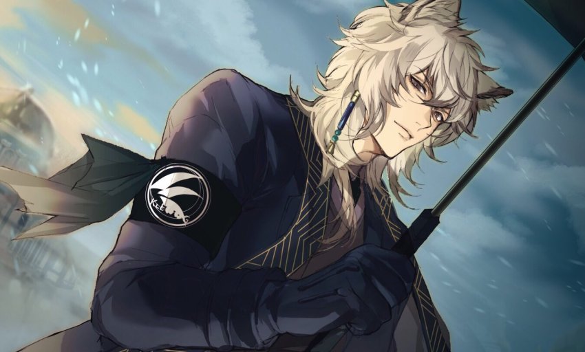 1boy, animal_ears, arknights, black_hair, closed_mouth, earrings, formal_clothes, gloves