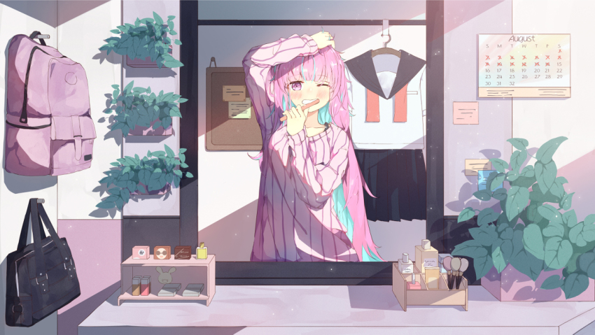 backpack, bag, bathroom, breasts, calendar, calendar_(object), day, dyed_hair