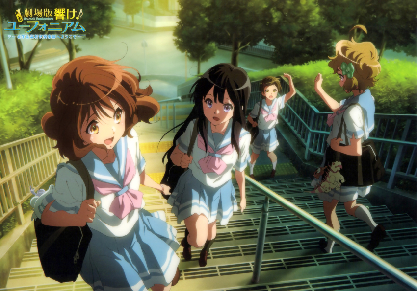4girls, :d, bag, black_footwear, black_hair, black_legwear, blonde_hair, blue_sailor_collar, blue_skirt, bow, brown_eyes, brown_hair, eupho-kun, green_bow, green_eyes, hair_bow, hand_up, hibike!_euphonium, highres, holding, holding_bag, ikeda_shouko, katou_hazuki, kawashima_sapphire, kitauji_high_school_uniform, kousaka_reina, long_hair, looking_at_another, multiple_girls, neckerchief, official_art, open_mouth, oumae_kumiko, outdoors, pink_neckerchief, pleated_skirt, polka_dot, purple_eyes, railing, sailor_collar, scan, school_bag, school_uniform, serafuku, shirt, shoes, short_hair, short_sleeves, skirt, smile, socks, stairs, standing, tree, walking, waving, white_legwear, white_shirt