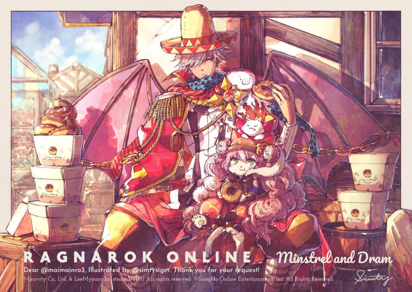 1boy, 1girl, :t, absurdres, barrel, black_bow, blue_capelet, blue_scarf