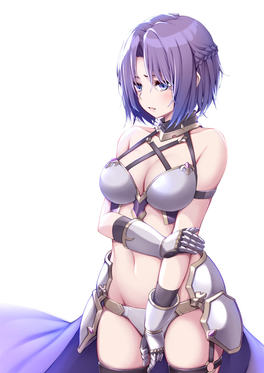 1girl, arm_grab, arm_strap, arm_under_breasts, armor, bare_shoulders, bikini_armor, black_gloves