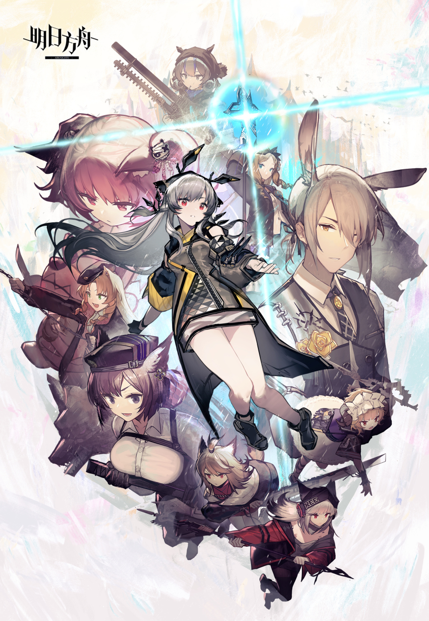 1boy, 6+girls, absurdres, animal_ears, arknights, bare_shoulders, bena_(arknights), black_headwear