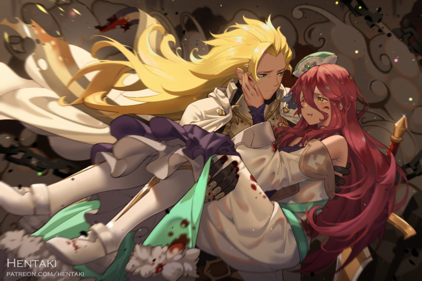 1boy, 1girl, alberius_(dragalia_lost), armor, artist_name, bare_shoulders, blonde_hair, blood