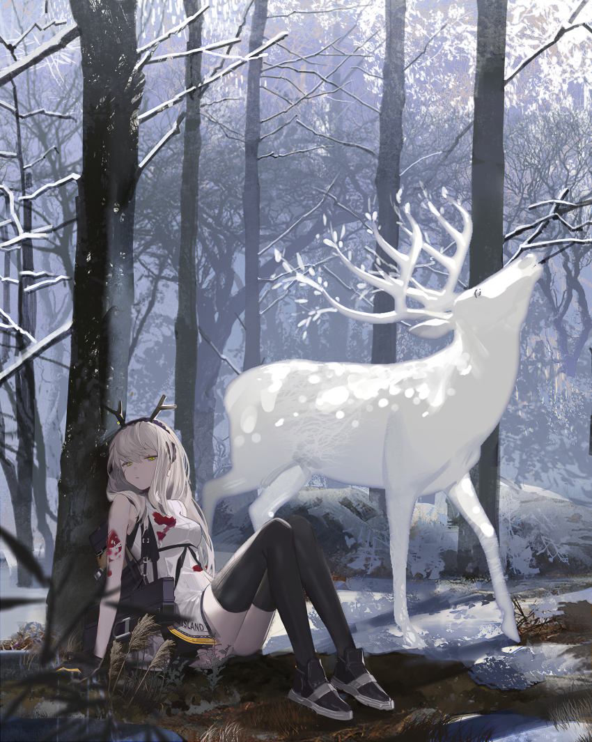 1girl, absurdres, against_tree, animal, antlers, arknights, bare_arms, bare_shoulders