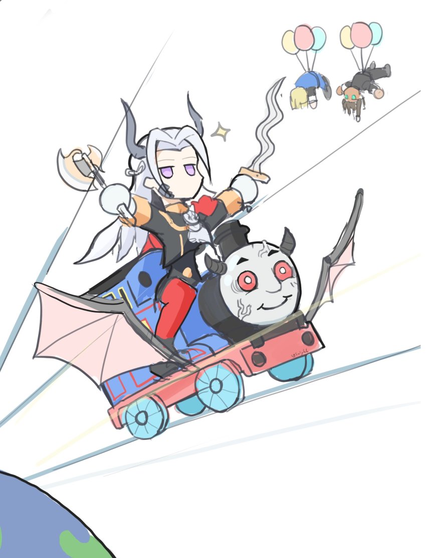 armads_(fire_emblem), balloon, bright_pupils, claude_von_riegan, commentary, demon_horns, demon_wings, dimitri_alexandre_blaiddyd, earth_(planet), edelgard_von_hresvelg, english_commentary, fire_emblem, fire_emblem:_three_houses, flying, highres, horns, jitome, nintendo, planet, purple_eyes, red_eyes, saiykik, simple_background, sword_of_seiros, thomas_the_tank_engine, thomas_the_tank_engine_(series), train, veins, what, white_background, white_pupils, wings