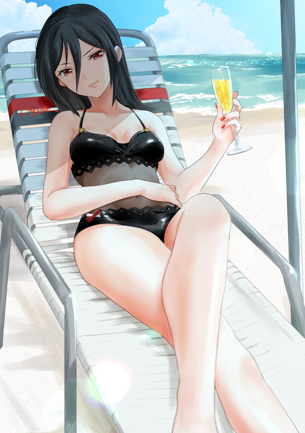 1girl, bare_shoulders, beach, black_hair, black_one-piece_swimsuit, breasts, brown_eyes, chair, collarbone, fingerless_gloves, gloves, hair_between_eyes, hat, highres, long_hair, looking_at_viewer, military, morag_ladair_(obligatory_leave)_(xenoblade), morag_ladair_(xenoblade), navel, nayuta-kanata, one-piece_swimsuit, see-through_clothes, see-through_one-piece_swimsuit, short_hair, simple_background, small_breasts, smile, solo, swimsuit, white_gloves, xenoblade_chronicles_(series), xenoblade_chronicles_2