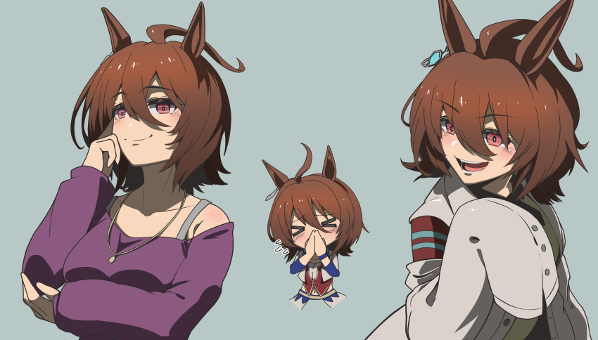 >_<, 1girl, absurdres, agnes_tachyon_(casual)_(umamusume), agnes_tachyon_(tach-nology)_(umamusume), agnes_tachyon_(umamusume), ahoge, animal_ears