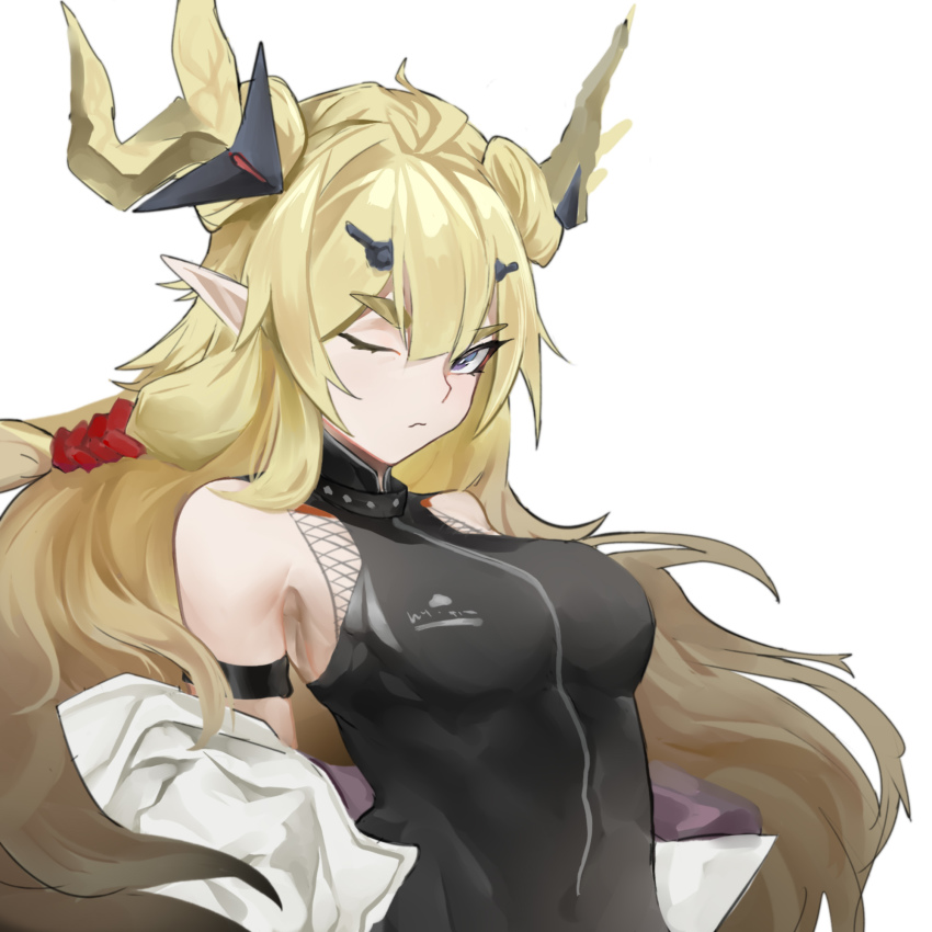 1girl, arknights, blonde_hair, blue_eyes, highres, horns, leizi_(arknights), liuli_yuanxiaoniao