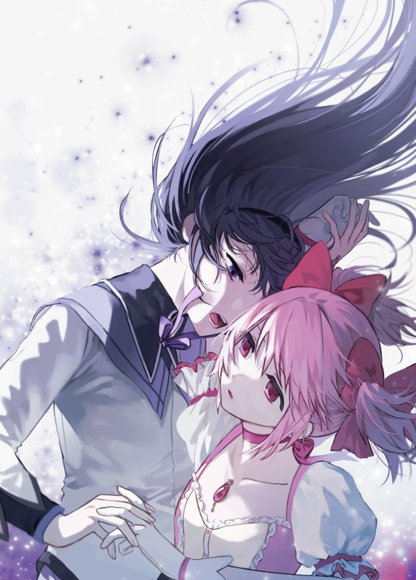 2girls, absurdres, akemi_homura, akemi_homura_(magical_girl), black_hair, dress, floating_hair, gloves, hair_ornament, hairband, highres, holding_hands, jewelry, kaname_madoka, kaname_madoka_(magical_girl), long_hair, looking_at_another, looking_away, mahou_shoujo_madoka_magica, mahou_shoujo_madoka_magica_(anime), multiple_girls, neck_ribbon, ocer, pink_dress, pink_eyes, pink_hair, pink_ribbon, puffy_short_sleeves, puffy_sleeves, purple_eyes, ribbon, short_hair, short_sleeves, short_twintails, twintails, white_gloves