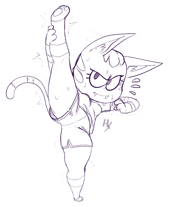 1girl, animal_crossing, animal_ears, animal_hands, arm_up, artist_name, barefoot, body_fur, breasts, cat_ears, cat_girl, cat_tail, closed_mouth, fangs, fangs_out, female_focus, flying_sweatdrops, furry, furry_female, half-closed_eye, hand_up, hexanne, katt_(animal_crossing), kneepits, leg_up, monochrome, nintendo, pawpads, shirt, short_hair, short_shorts, short_sleeves, shorts, side_slit, signature, simple_background, sketch, small_breasts, solo, split, standing, standing_on_one_leg, standing_split, sweat, tail, trembling, uneven_eyes, white_background