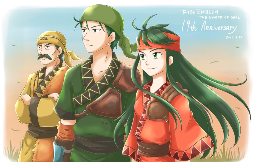 1girl, 2boys, bandana, dayan_(fire_emblem), earrings, facial_hair, fire_emblem, fire_emblem:_the_binding_blade