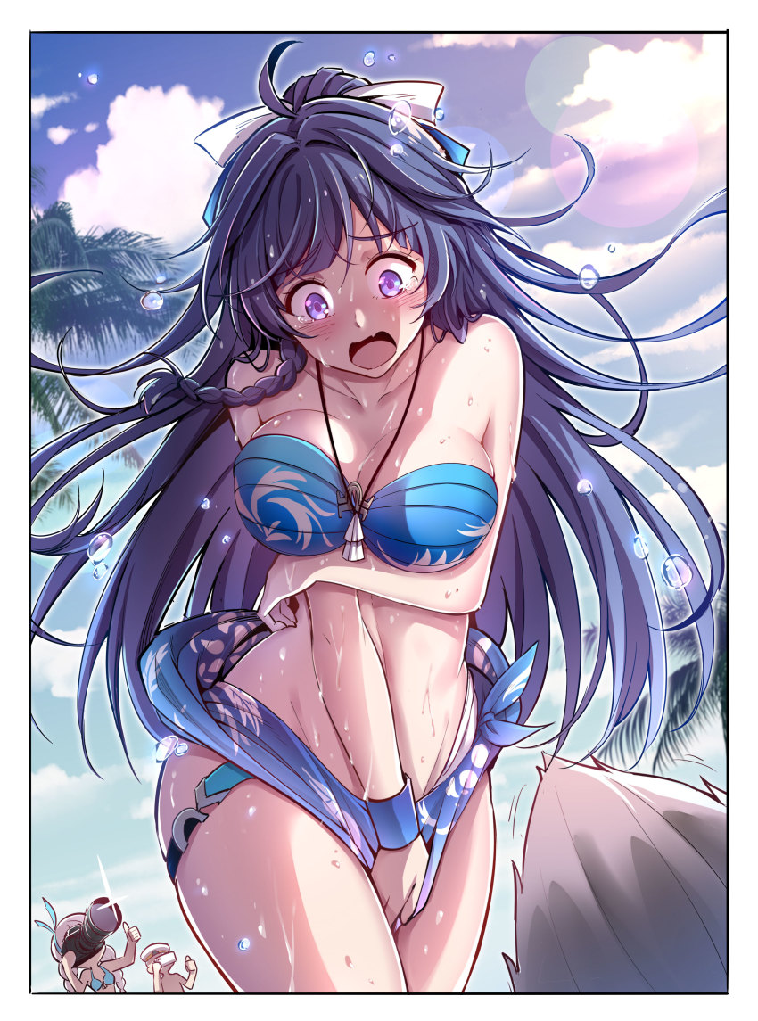 1boy, 2girls, absurdres, ahoge, bare_shoulders, blue_sky, blush, braid