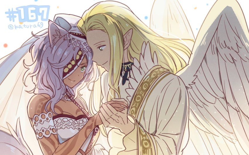 1boy, 1girl, alternate_costume, animal_ears, bare_shoulders, blonde_hair, dress, fire_emblem, fire_emblem:_radiant_dawn, fire_emblem_heroes, hair_over_one_eye, highres, holding_hands, katsura_ichiho, long_hair, looking_at_another, nailah_(bridal)_(fire_emblem), nailah_(fire_emblem), nintendo, official_alternate_costume, purple_hair, rafiel_(fire_emblem), rafiel_(groom)_(fire_emblem), wedding_dress, wings, wolf_ears