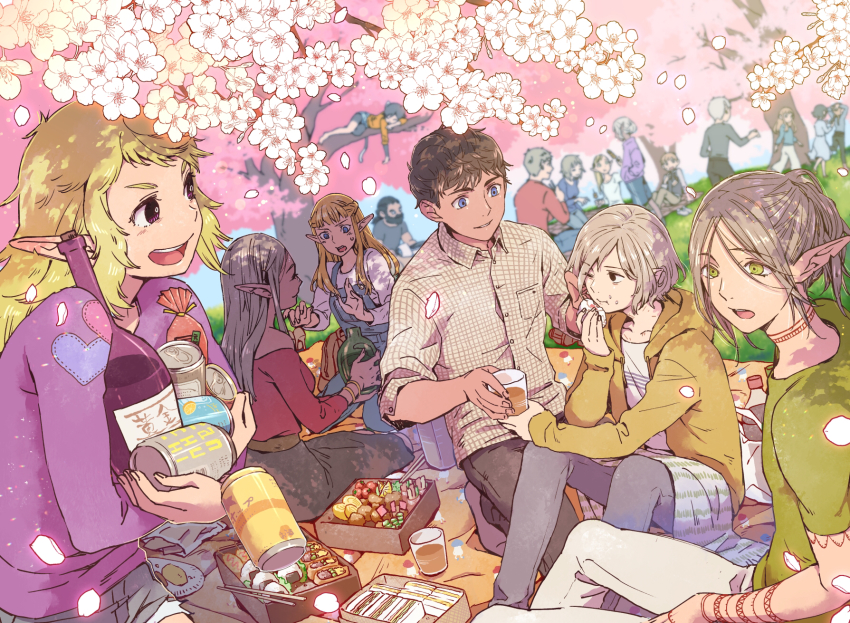 6+boys, 6+girls, alcohol, alternate_skin_color, beer, bento, blonde_hair, blue_eyes