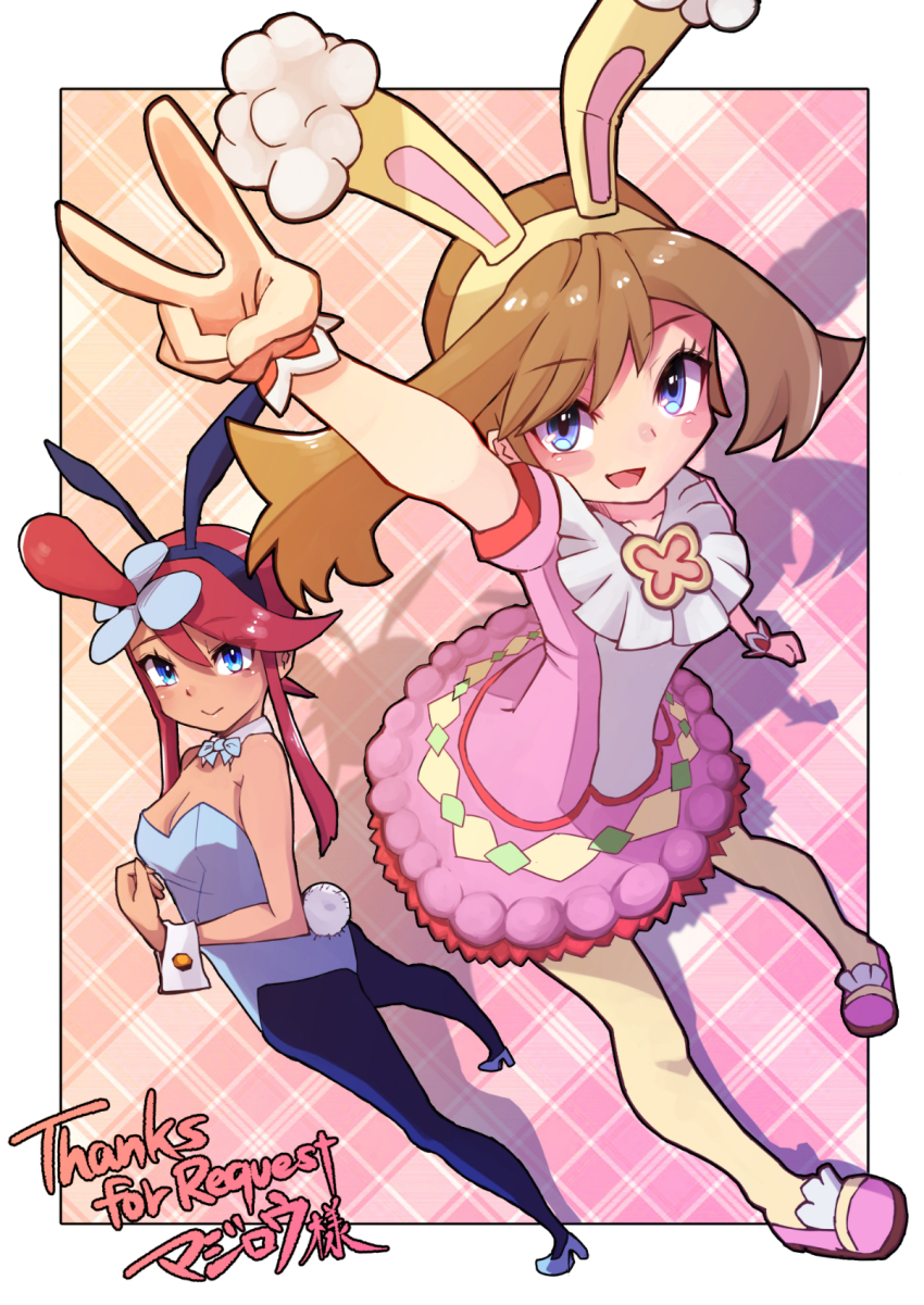 2girls, :d, alternate_costume, animal_ears, bare_shoulders, blue_eyes, blue_footwear, blue_legwear, breasts, brown_hair, choker, cleavage, collarbone, dress, fake_animal_ears, fake_tail, full_body, hair_between_eyes, hairband, high_heels, highres, looking_at_viewer, may_(pokemon), may_(spring_2021)_(pokemon), multiple_girls, nintendo, official_alternate_costume, open_mouth, pantyhose, pink_dress, pink_shoes, playboy_bunny, pokemon, pokemon_black_and_white, pokemon_masters_ex, rabbit_ears, rabbit_tail, red_hair, ribbon, shadow, shoes, skyla_(pokemon), smile, tail, v, wrist_cuffs, yellow_hairband, yellow_legwear, yottur