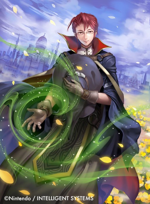 1boy, book, cape, casting_spell, castle, cloud, cloudy_sky, fire_emblem, fire_emblem_awakening, fire_emblem_cipher, full_body, glasses, gloves, hat, unworn_hat, unworn_headwear, laurent_(fire_emblem), nintendo, official_art, outdoors, petals, red_hair, sky, solo, tsutsui_misa, witch_hat, wizard