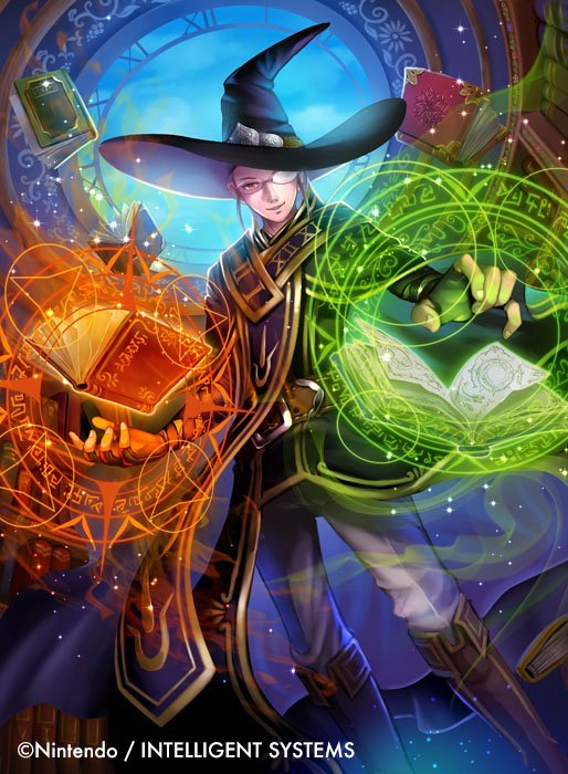 1boy, belt, book, boots, casting_spell, fire_emblem, fire_emblem_awakening, fire_emblem_cipher, full_body, glasses, hat, laurent_(fire_emblem), looking_at_viewer, magic, nintendo, official_art, open_mouth, outstretched_arms, smile, tsutsui_misa, window, witch_hat