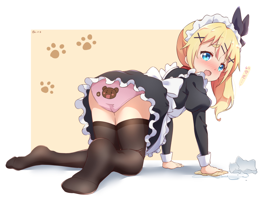 1girl, absurdres, all_fours, blonde_hair, blue_eyes, blush, fang, feet