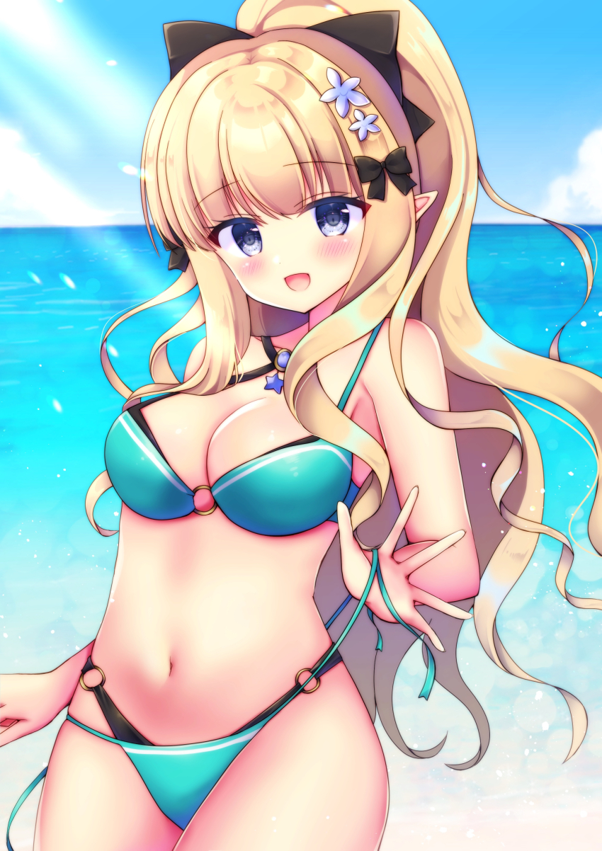 1girl, bikini, black_bow, blonde_hair, blue_eyes, blush, bow, breasts