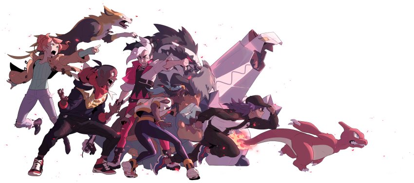 2girls, 3boys, absurdres, baseball_cap, belt, black_hair, black_headwear, black_pants