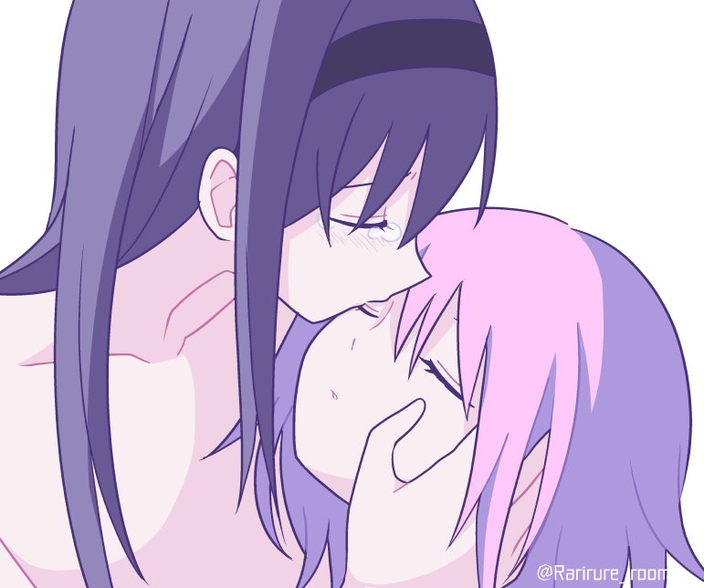 2girls, akemi_homura, alternate_hairstyle, black_hair, black_hairband, blush, close-up, closed_eyes, closed_mouth, collarbone, crying, expressionless, eyelashes, hair_down, hairband, hand_on_another's_face, hand_on_another's_head, kaname_madoka, kiss, kissing_eye, long_hair, mahou_shoujo_madoka_magica, mahou_shoujo_madoka_magica_(anime), medium_hair, messy_hair, multiple_girls, nude, parted_lips, pink_hair, pokki_(sue_eus), profile, sad, simple_background, tears, twitter_username, unconscious, upper_body, white_background, yuri