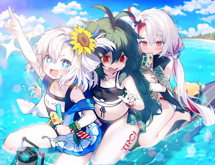 +_+, 3girls, @_@, animal, animal_hug, antenna_hair, aqua_eyes, arm_up, azur_lane, baby_animal, beach, bikini, bird, black_bikini, blue_sky, blurry, byulzzi, carrying, chick, cloud, cloudy_sky, collarbone, commentary_request, depth_of_field, drooling, empty_eyes, eyes_visible_through_hair, flower, frilled_jacket, frills, green_hair, hair_between_eyes, hair_flower, hair_ornament, hair_rings, horizon, innertube, jacket, libeccio_(azur_lane), libeccio_(beachbound_southwestern_wind!)_(azur_lane), long_hair, looking_at_viewer, low_twintails, maestrale_(azur_lane), maestrale_(lonesome_beachfarer)_(azur_lane), manjuu_(azur_lane), midriff, multicolored_hair, multiple_girls, name_tag, navel, ocean, old_school_swimsuit, one-piece_swimsuit, pointing, pointing_up, red_eyes, riding, school_swimsuit, short_hair, sidelocks, sitting, sky, sparkle, streaked_hair, submarine, sunflower, sunflower_hair_ornament, swim_ring, swimsuit, symbol-shaped_pupils, tongue, tongue_out, torricelli_(azur_lane), torricelli_(shady_seaside)_(azur_lane), turtle, twintails, two-tone_hair, v-shaped_eyebrows, wariza, watercraft, wavy_hair, white_hair, white_one-piece_swimsuit