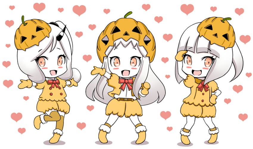 3girls, abyssal_ship, blush_stickers, boots, colored_skin, halloween_costume, heart, heart_background