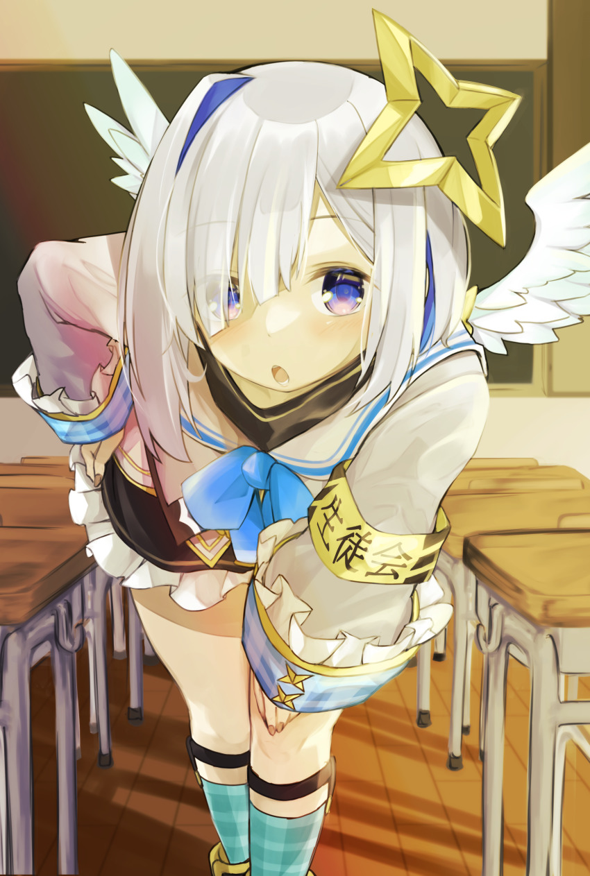 1girl, absurdres, amane_kanata, angel, angel_wings, armband, asymmetrical_bangs, asymmetrical_hair