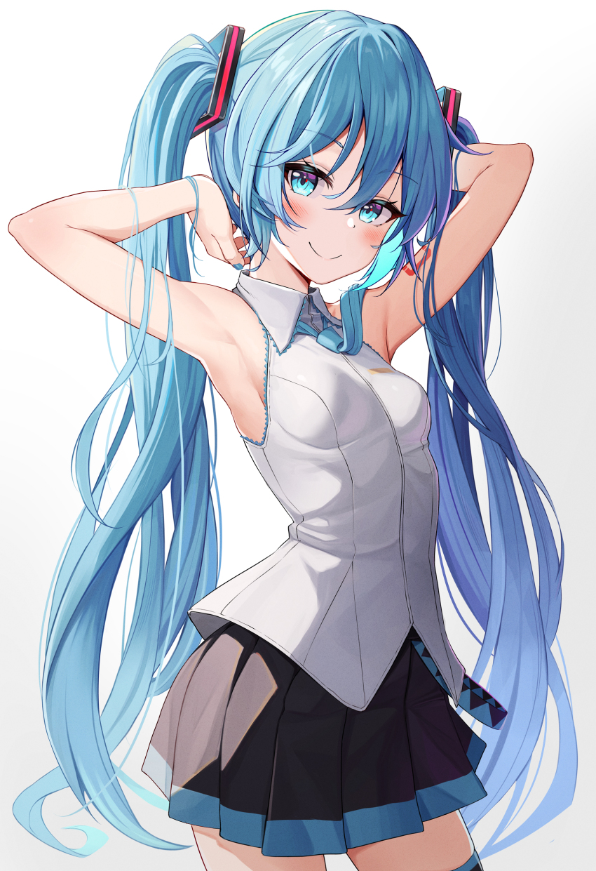 1girl, absurdres, armpits, arms_behind_head, arms_up, bare_arms, bare_shoulders, bib_(bibboss39), black_skirt, blue_eyes, blue_hair, breasts, closed_mouth, collared_shirt, cowboy_shot, hair_ornament, hatsune_miku, highres, long_hair, looking_at_viewer, miniskirt, necktie, pleated_skirt, shirt, simple_background, skirt, sleeveless, sleeveless_shirt, small_breasts, smile, solo, standing, thighhighs, twintails, very_long_hair, vocaloid, white_background, white_shirt, zettai_ryouiki