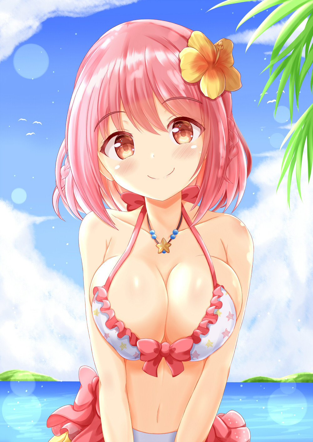 1girl, bare_arms, bare_shoulders, bikini, blue_sky, blush, bow, bow_bikini