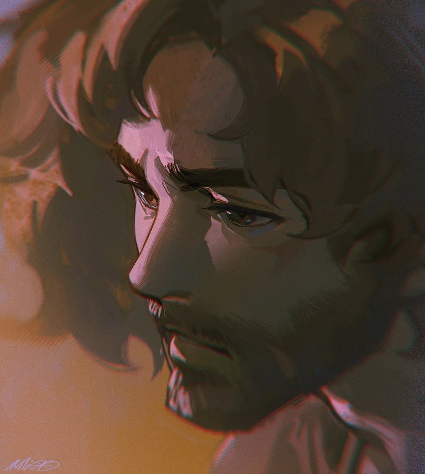 1boy, alzi_xiaomi, backlighting, beard, brown_eyes, brown_hair, eyebrows, facial_hair, highres, joe_(megalo_box), long_hair, megalobox, nomad:_megalo_box_2, scar, solo_focus