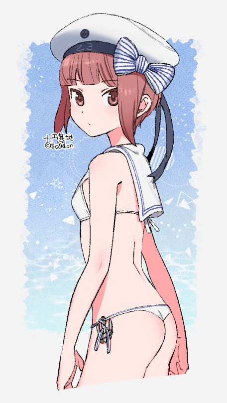 1girl, anchor, artist_name, ass, bikini, brown_eyes, brown_hair, commentary_request, cowboy_shot, hat, kantai_collection, looking_at_viewer, sailor_bikini, sailor_collar, sailor_hat, shimin, short_hair, side-tie_bikini_bottom, solo, swimsuit, thong_bikini, twitter_username, white_bikini, white_hat, white_sailor_collar, z3_max_schultz_(kancolle), z3_max_schultz_(swimsuit)_(kancolle)